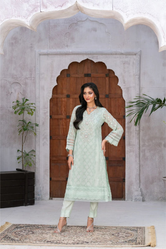 Panache By Mona Embroidery Straight Long Paneled Shirt On Pure Chiffon