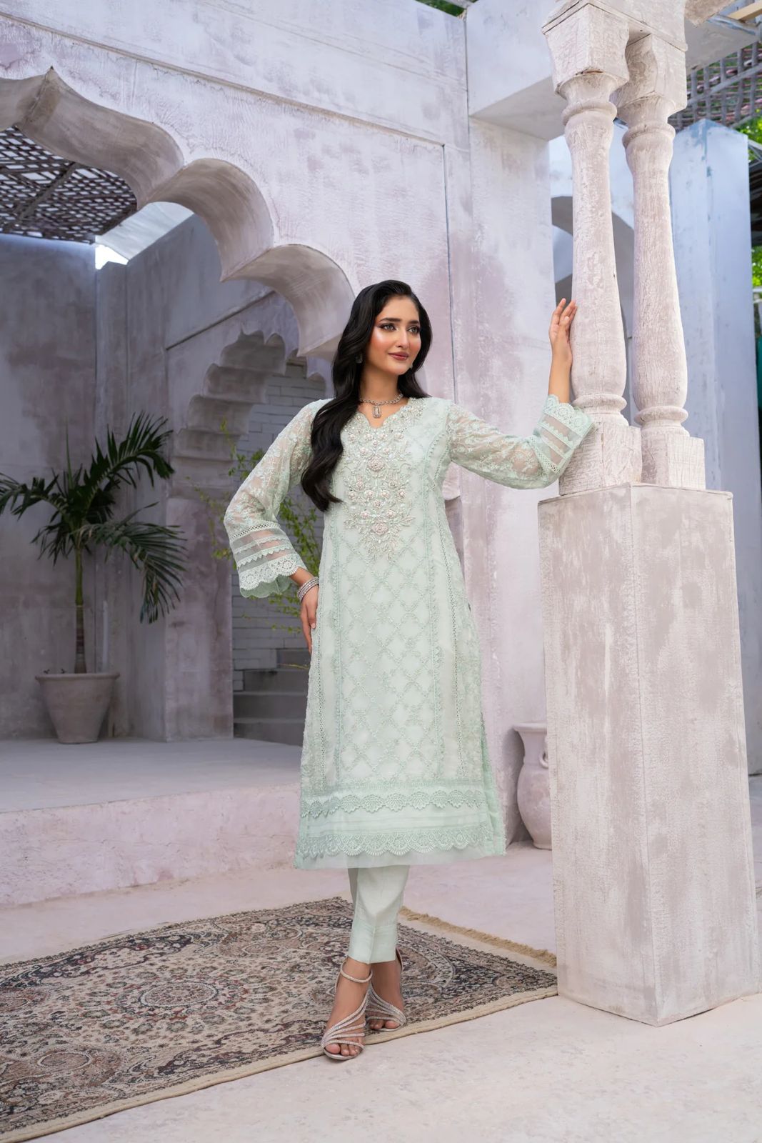Panache By Mona Embroidery Straight Long Paneled Shirt On Pure Chiffon
