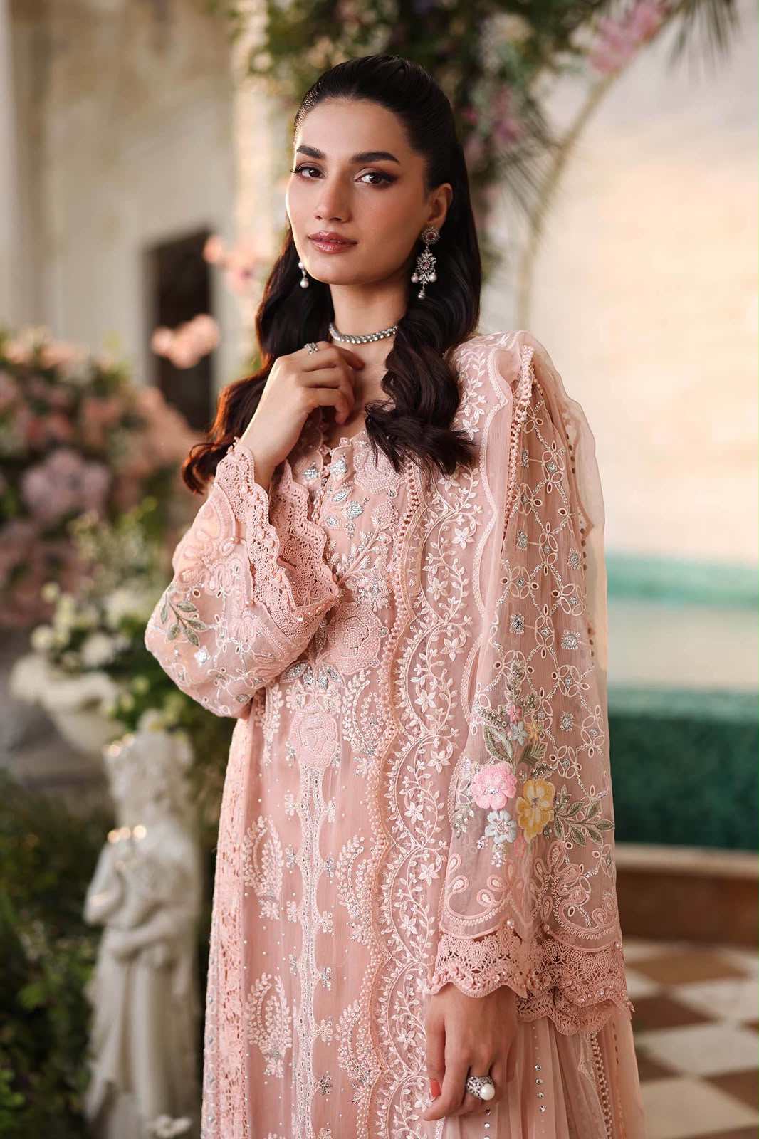 3 Piece Unstitched Embroidered Chiffon Suit (Peach Pink)