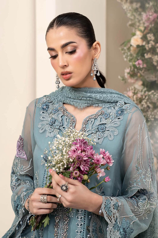 3 Piece Embroidered Chiffon Suit (Slate Blue-Small)