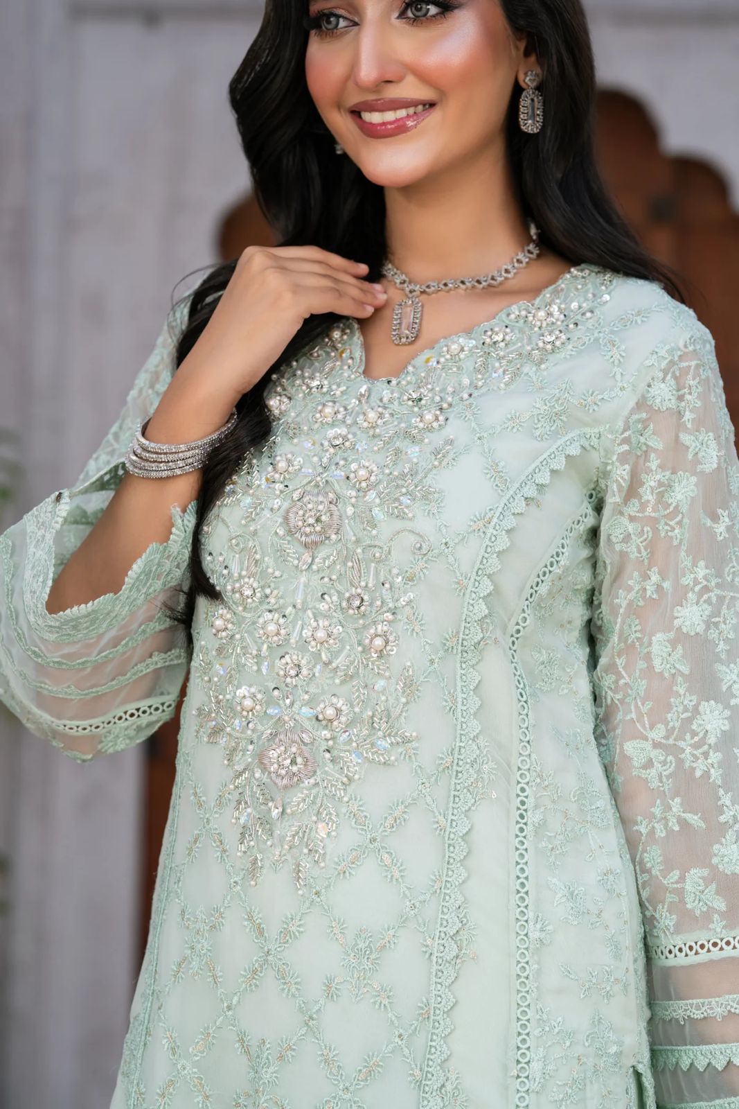 Panache By Mona Embroidery  Straight Long Paneled Shirt On Pure Chiffon