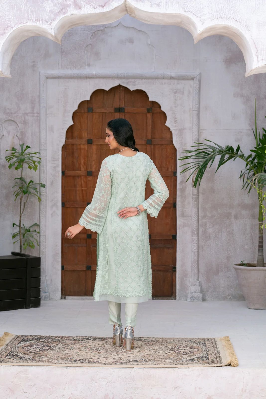 Panache By Mona Embroidery  Straight Long Paneled Shirt On Pure Chiffon