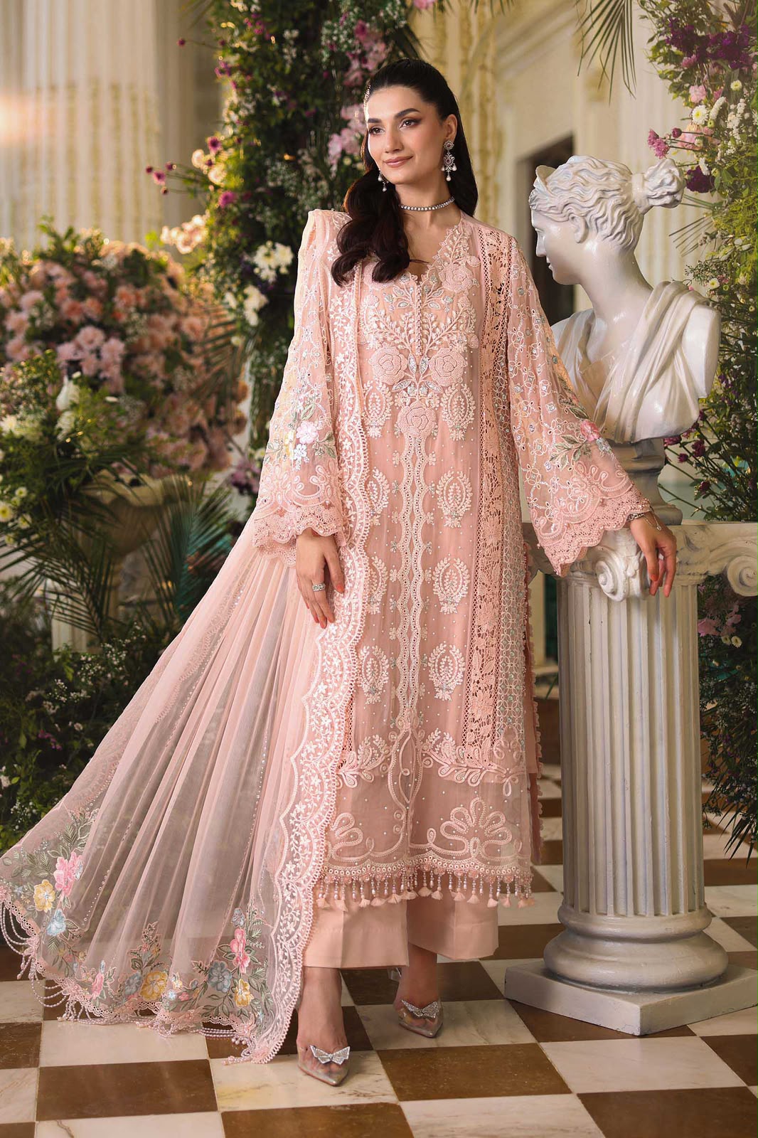 3 Piece Unstitched Embroidered Chiffon Suit (Peach Pink)