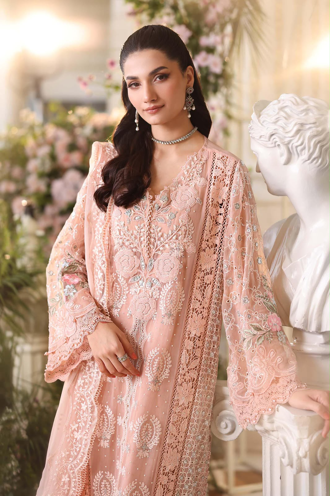 3 Piece Unstitched Embroidered Chiffon Suit (Peach Pink)