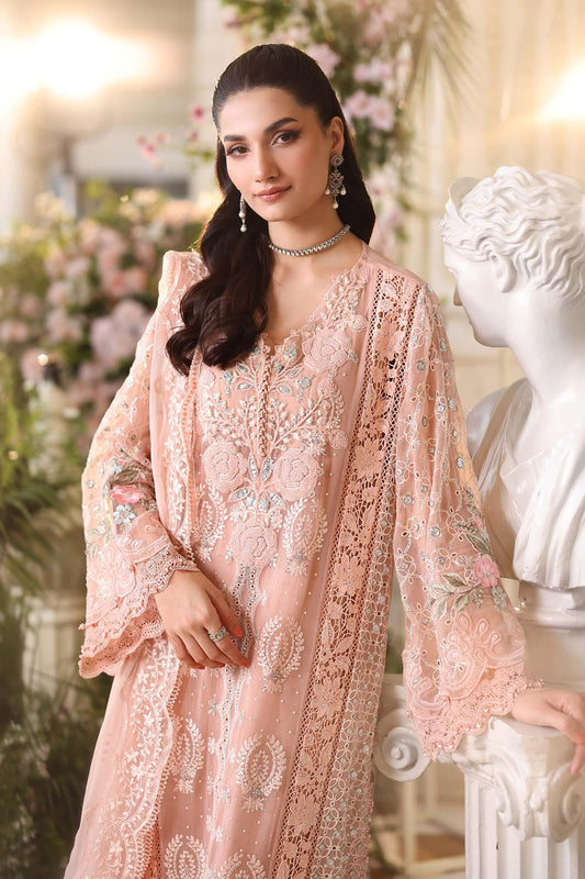 3 Piece Unstitched Embroidered Chiffon Suit (Peach Pink)