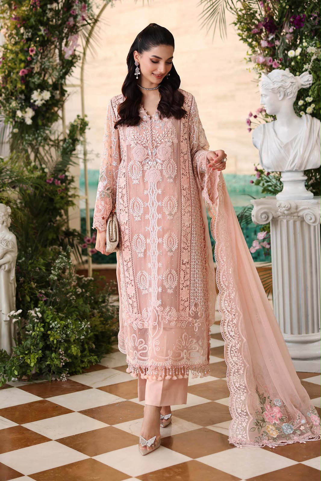 3 Piece Unstitched Embroidered Chiffon Suit (Peach Pink)