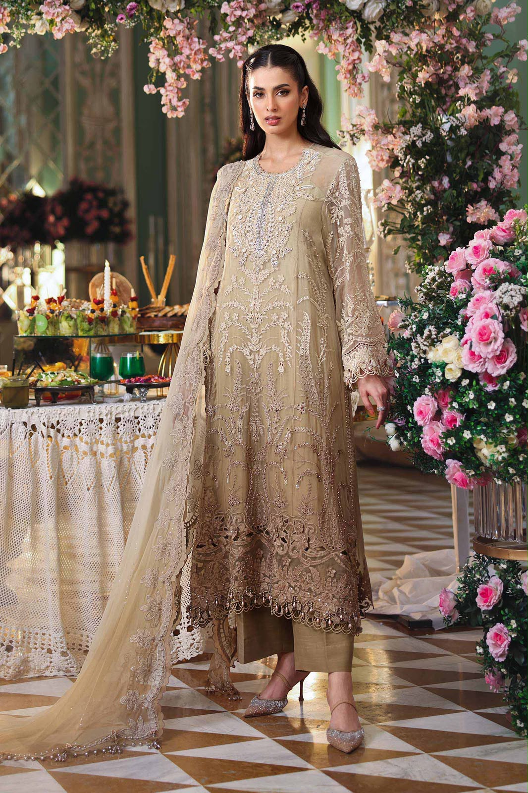 3 Piece Unstitched Embroidered Chiffon Suit (Olive Gold)