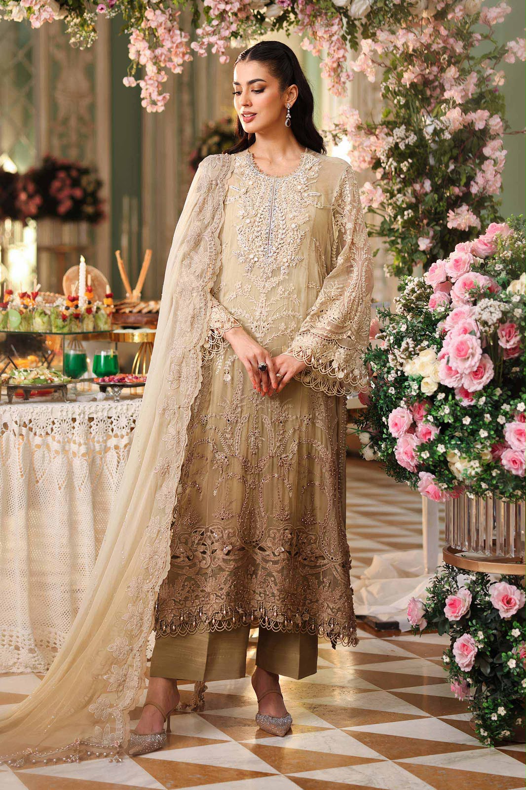 3 Piece Unstitched Embroidered Chiffon Suit (Olive Gold)