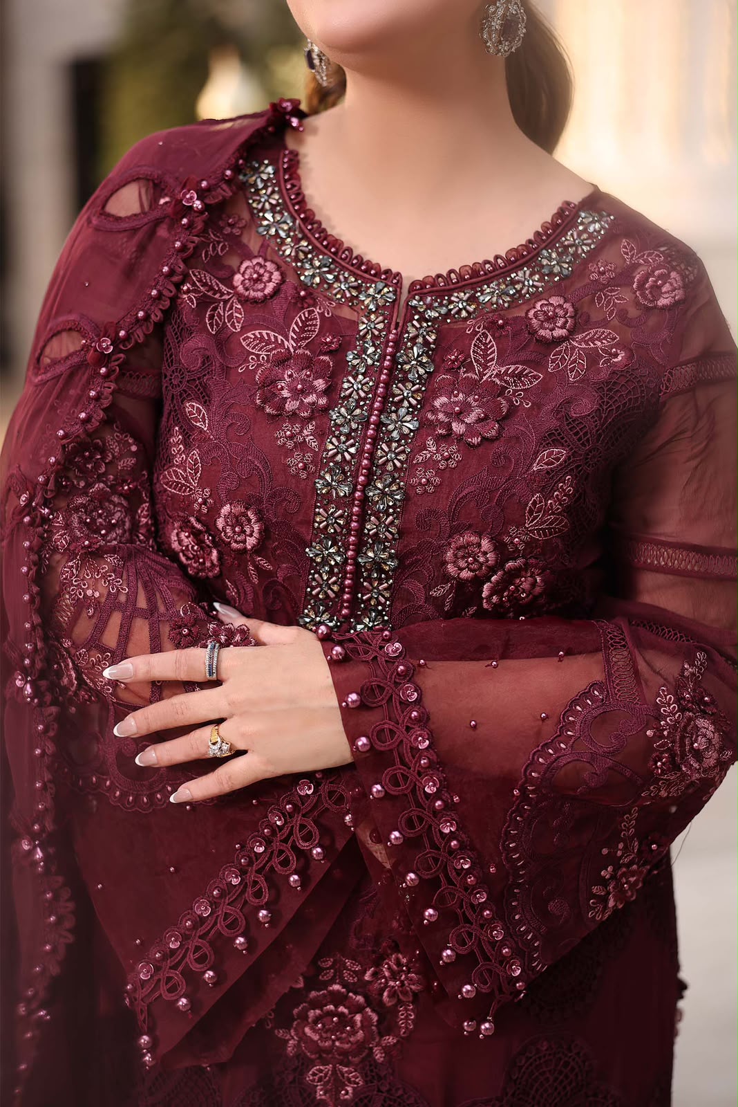 3 Piece Unstitched Embroidered Chiffon Suit (Burgundy)