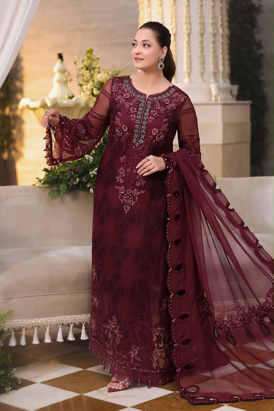 3 Piece Unstitched Embroidered Chiffon Suit (Burgundy)