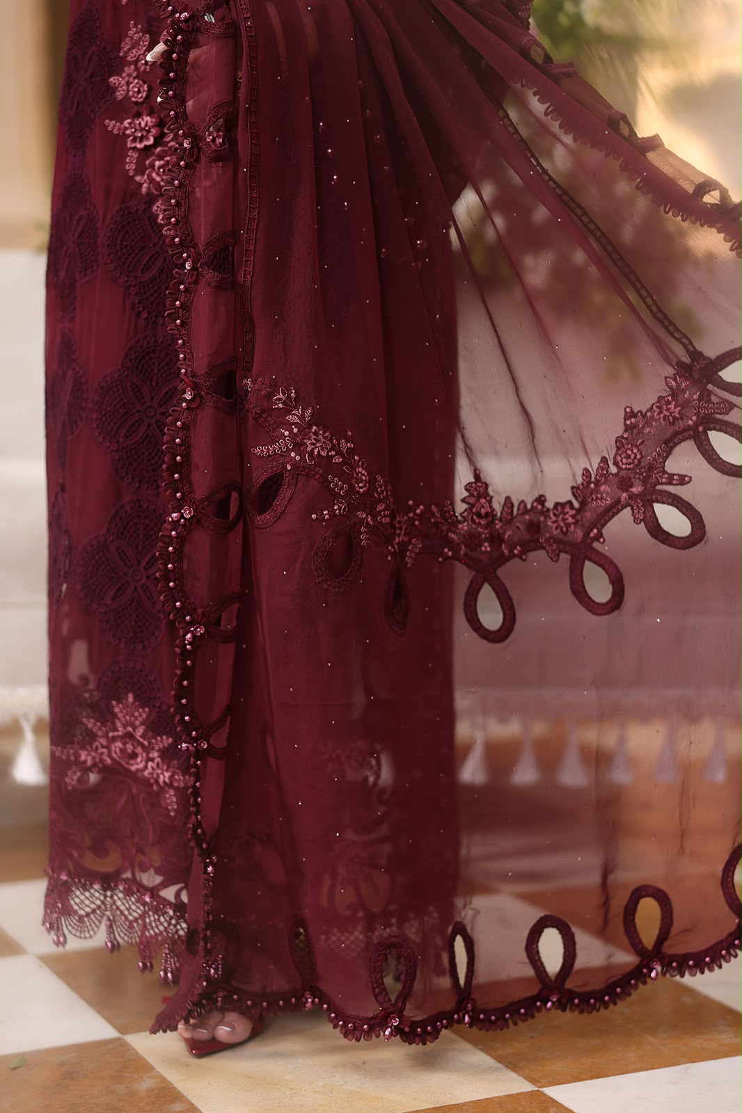 3 Piece Unstitched Embroidered Chiffon Suit (Burgundy)