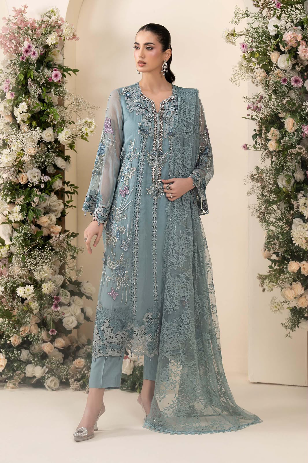 3 Piece Embroidered Chiffon Suit (Slate Blue-Small)