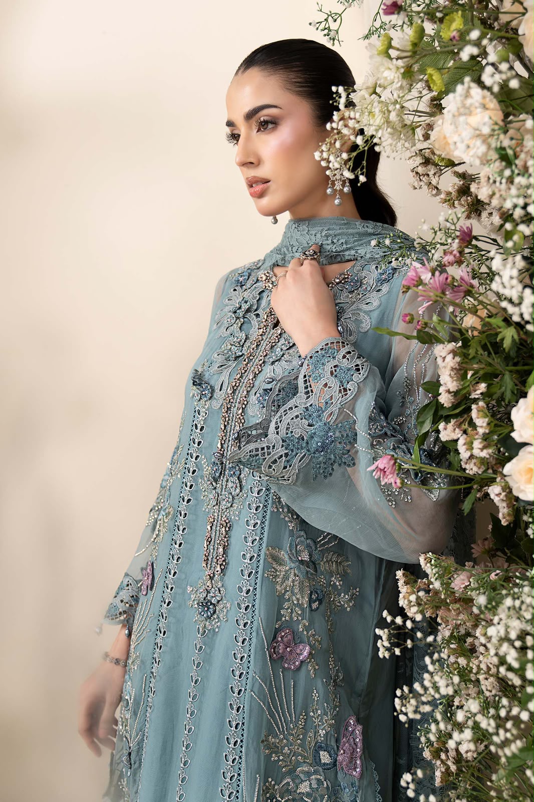 3 Piece Embroidered Chiffon Suit (Slate Blue-Small)