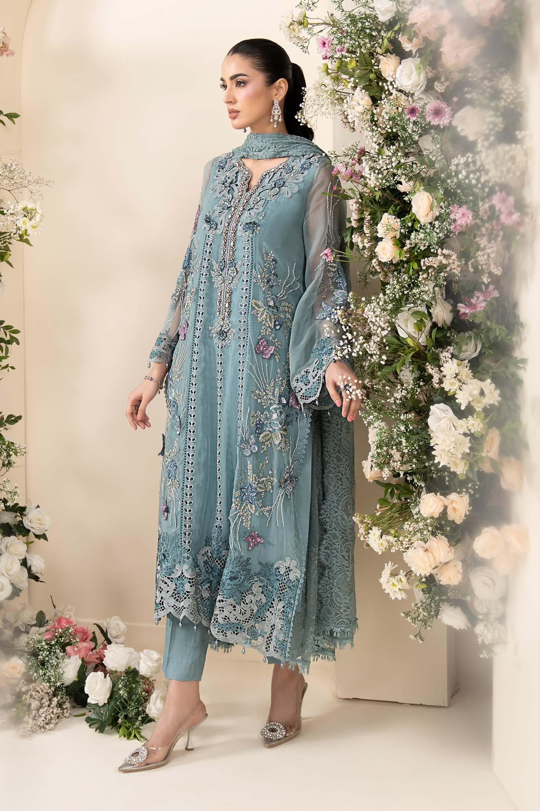 3 Piece Embroidered Chiffon Suit (Slate Blue-Small)