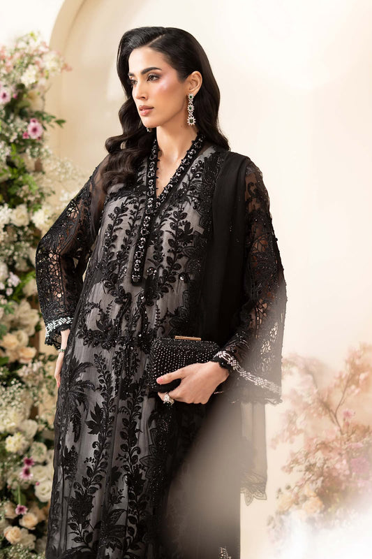 3 Piece Embroidered Chiffon Suit (Black-Small)