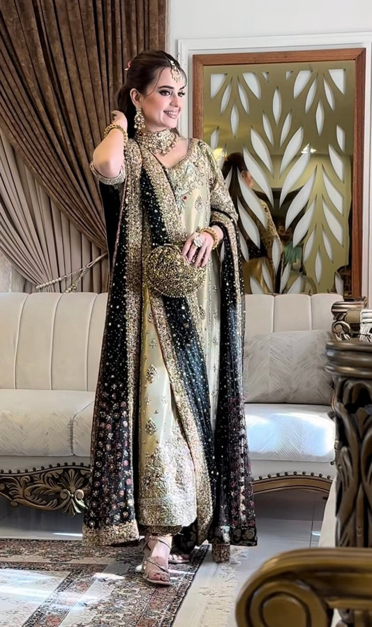 Unstitched Haris Shakeel Gold & Black Dress On Pure lama Silk 3pc
