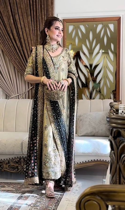 Unstitched Haris Shakeel Gold & Black Dress On Pure lama Silk 3pc