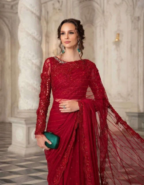 Maria B Embroidered Pure Saree with Handmade Details