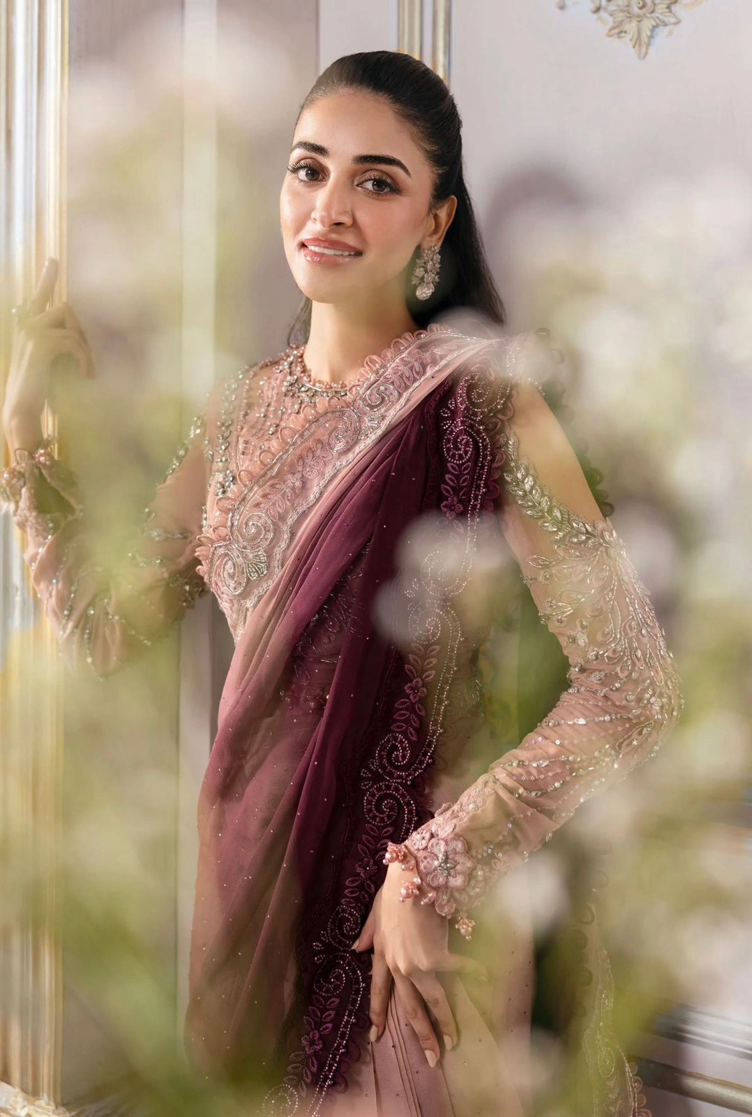Maria B Two-Shaded Embroidered Saree with Kora Crystal Work - Image 3