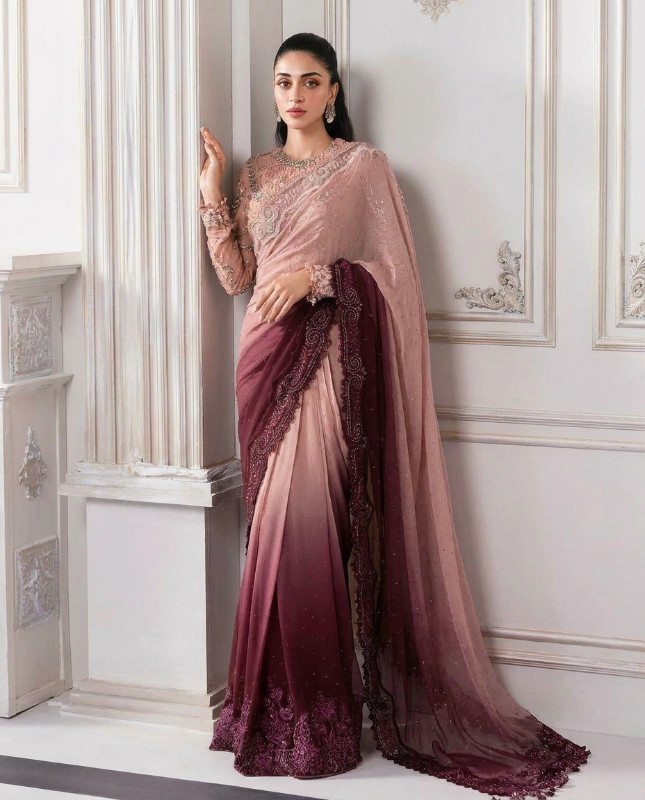 Maria B Two-Shaded Embroidered Saree with Kora Crystal Work