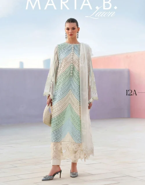 Maria B Pastel Chevron Embroidered Lawn Suit with Silk Dupatta