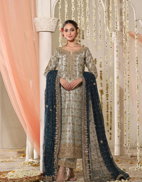 Rizwan Ahmed Lama Silk Embellished Suit with Chiffon Dupatta