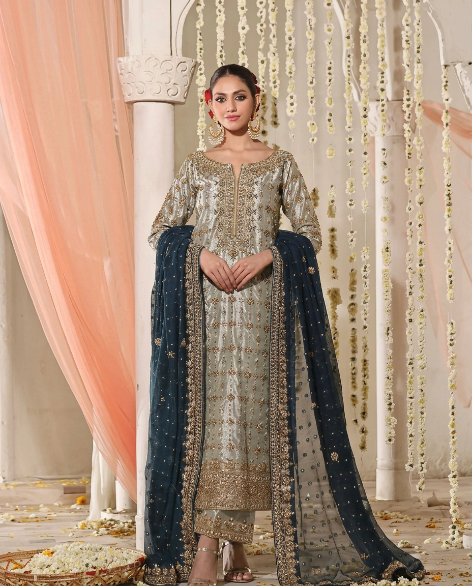 Rizwan Ahmed Lama Silk Embellished Suit with Chiffon Dupatta